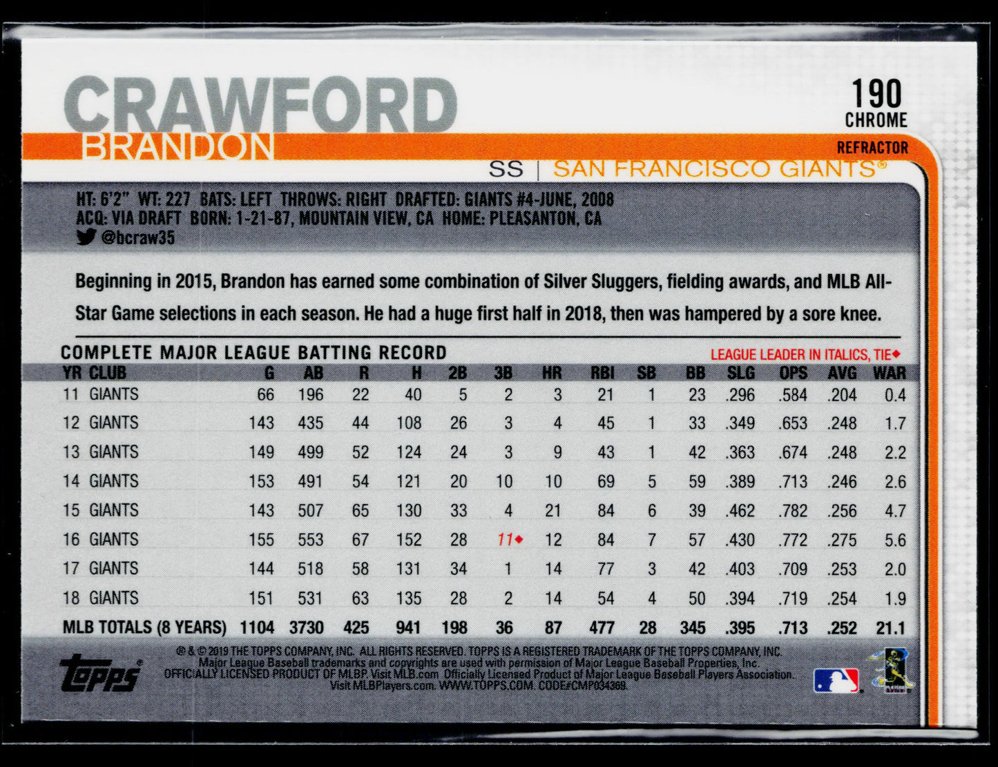 2019 Topps Chrome Brandon Crawford Refractor #190