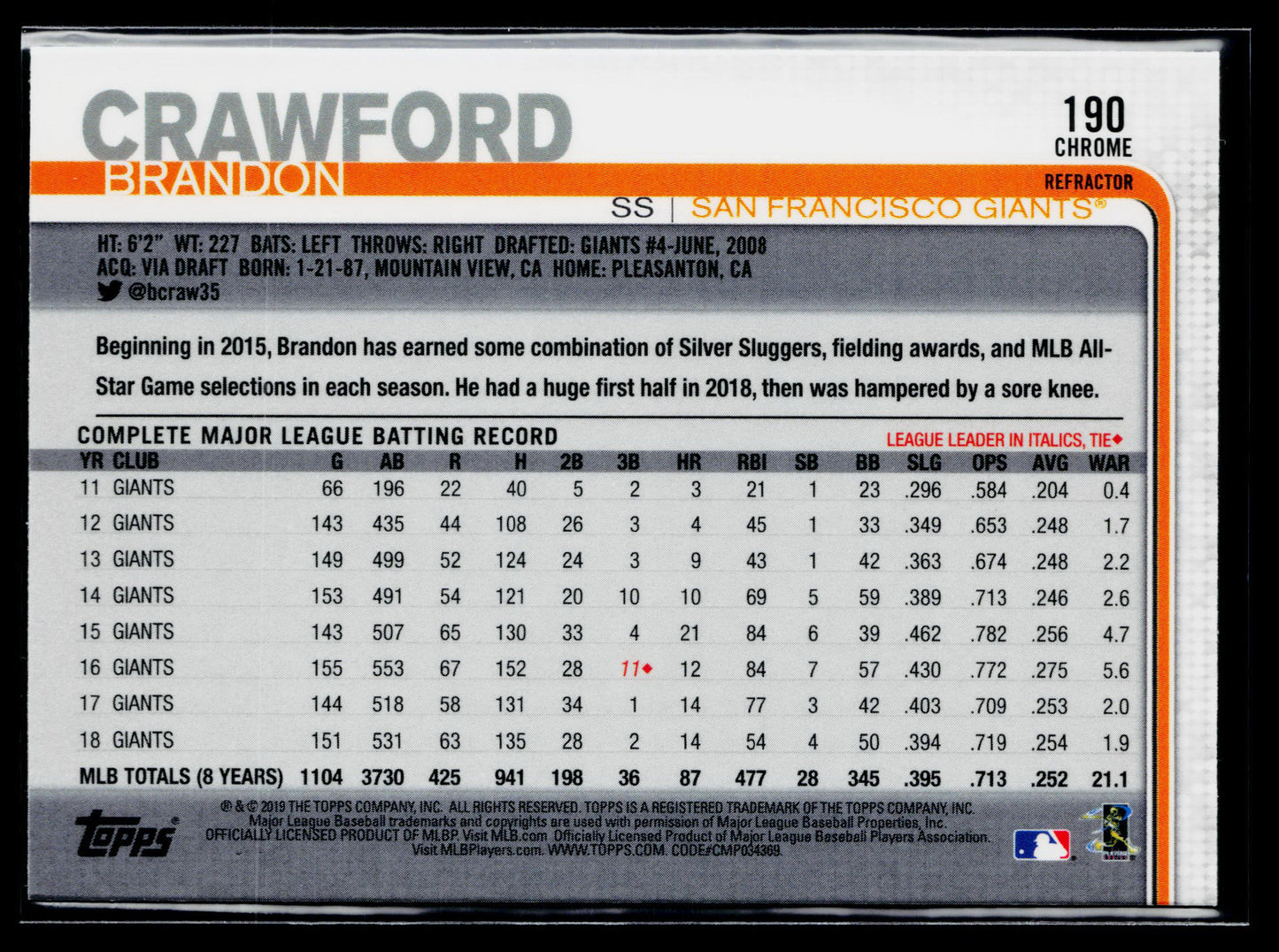 2019 Topps Chrome Brandon Crawford Refractor #190
