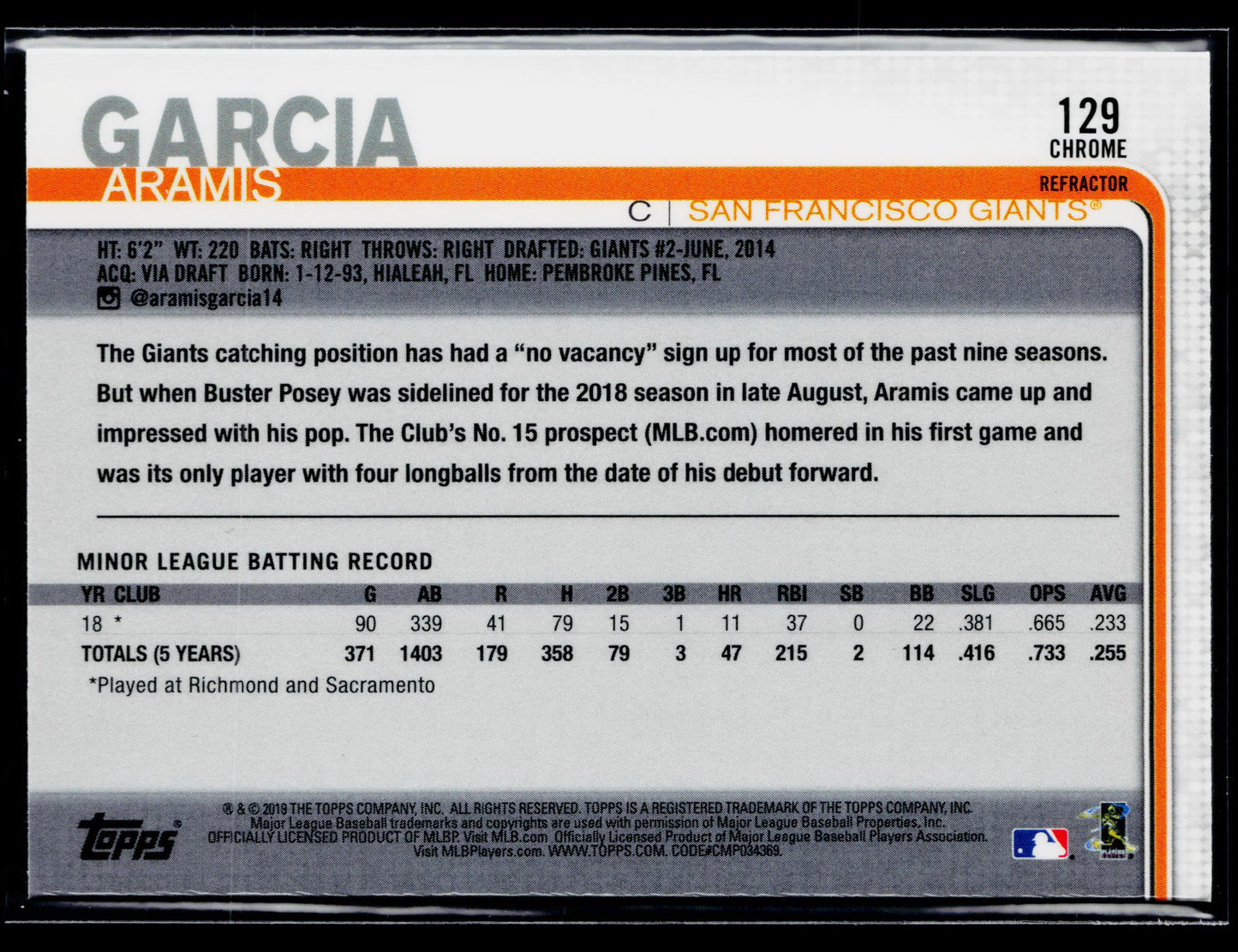 2019 Topps Chrome Aramis Garcia Rookie Refractor #129