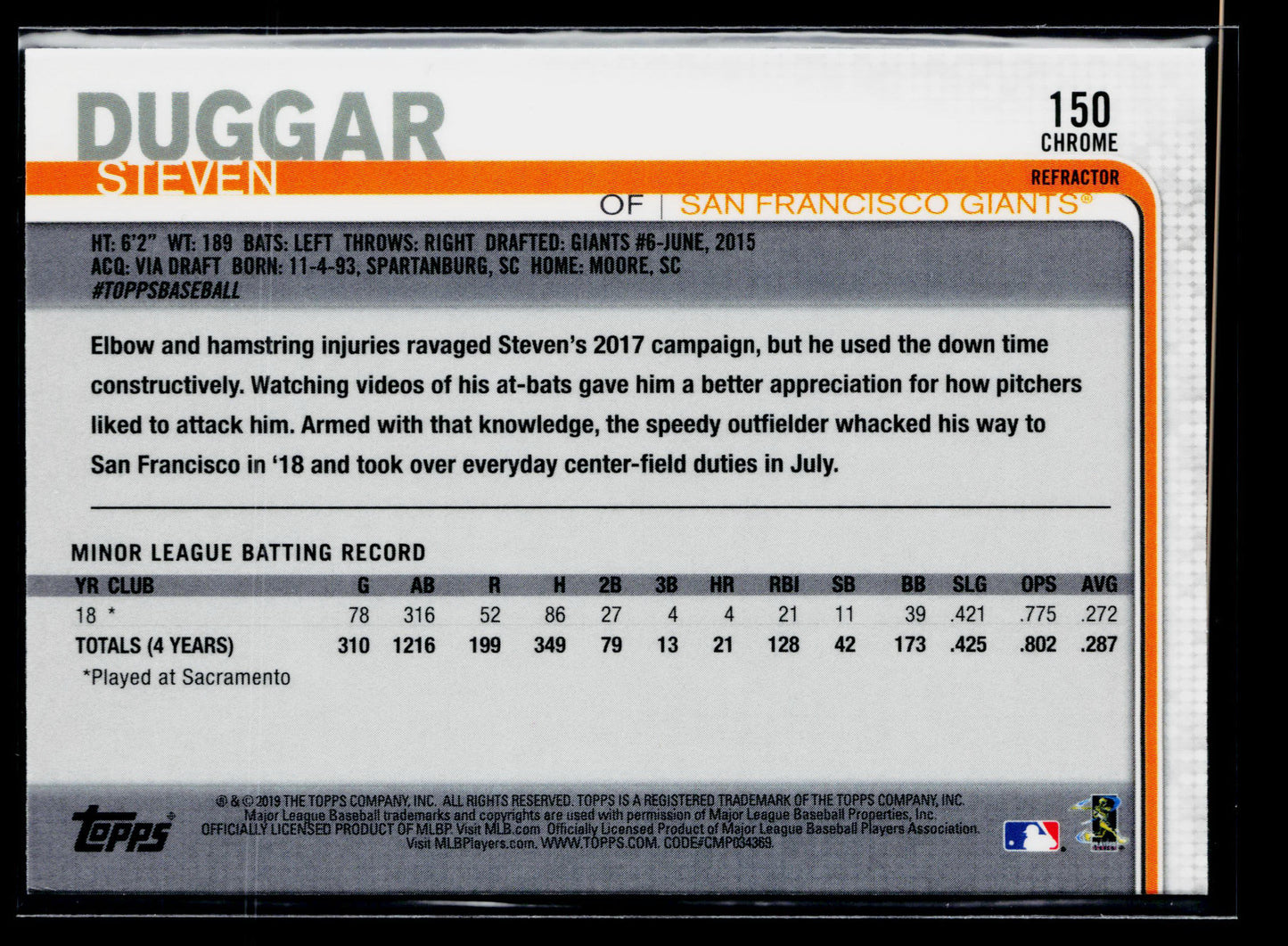 2019 Topps Chrome Steven Duggar Rookie Refractor #150