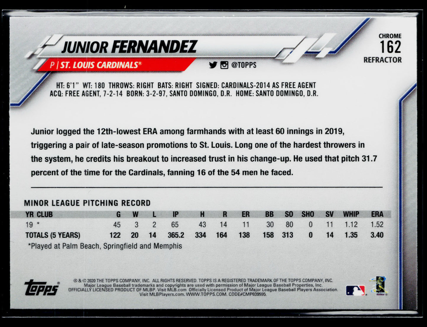 2020 Topps Chrome Junior Fernandez Rookie Refractor #162