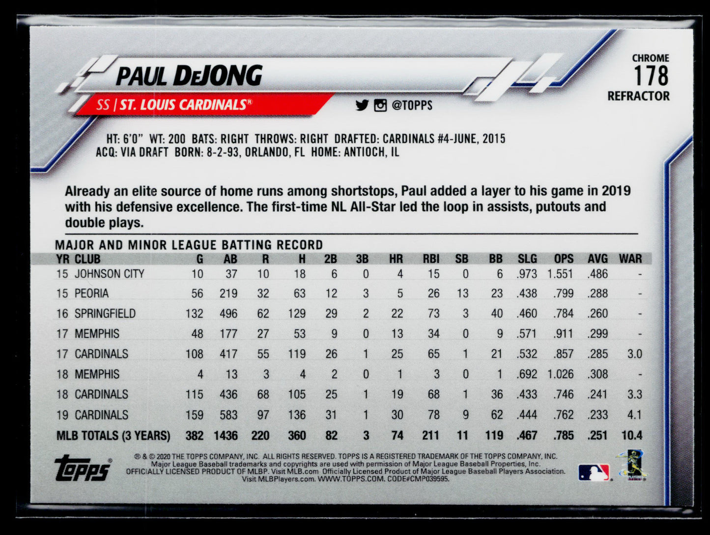 2020 Topps Chrome Paul DeJong X-Fractor Refractor #178