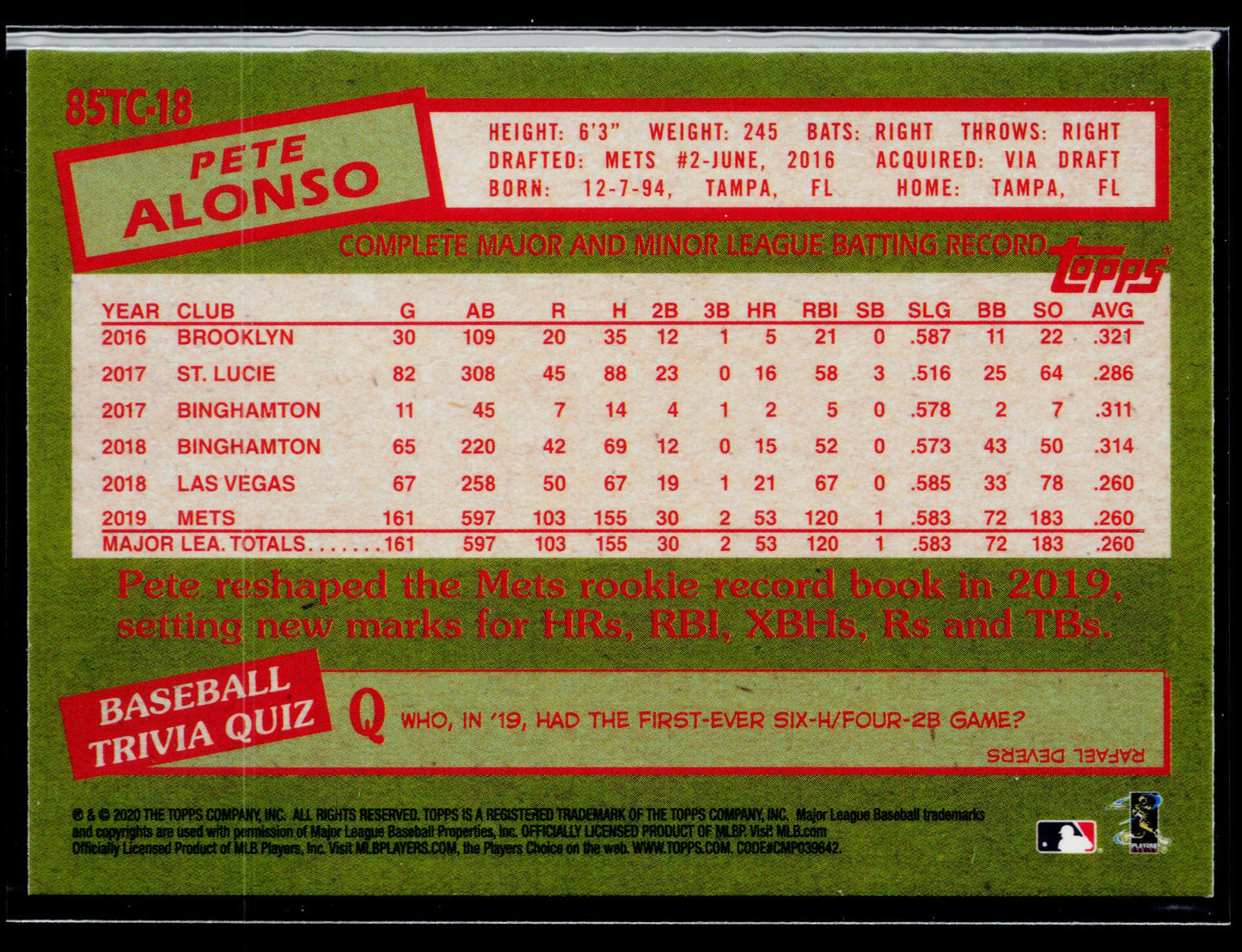 2020 Topps Chrome Pete Alonso 1985 Topps Baseball #85TC-18