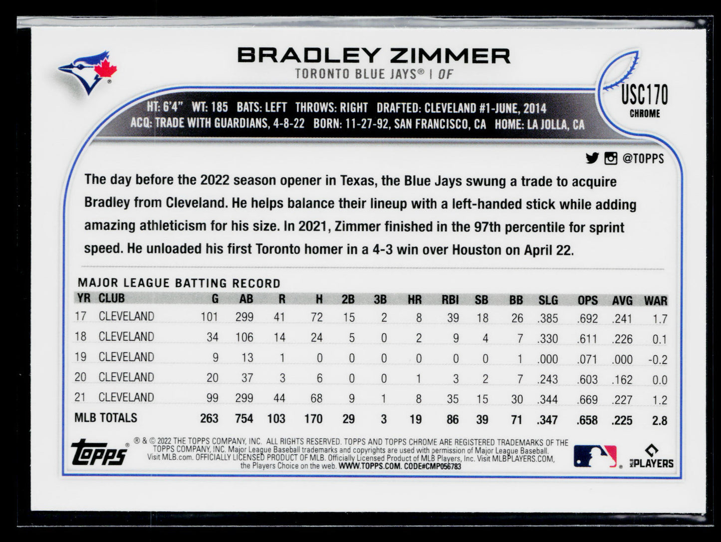 2022 Topps Chrome Update Bradley Zimmer Purple #USC170