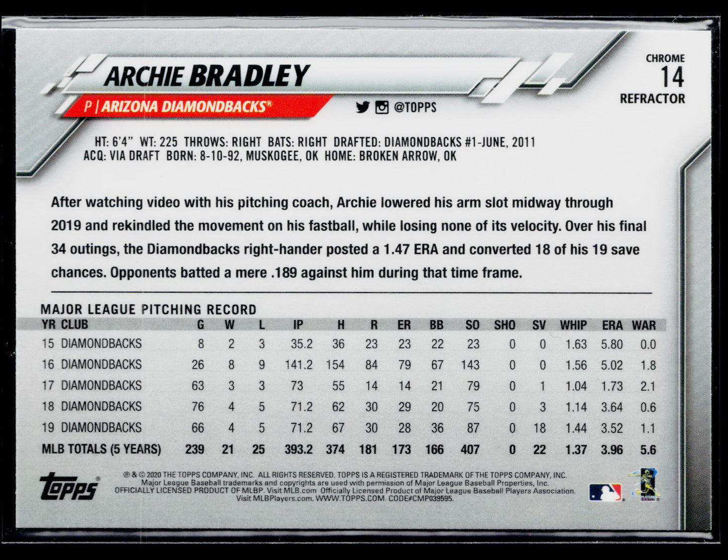 2020 Topps Chrome Archie Bradley Pink Refractor #14