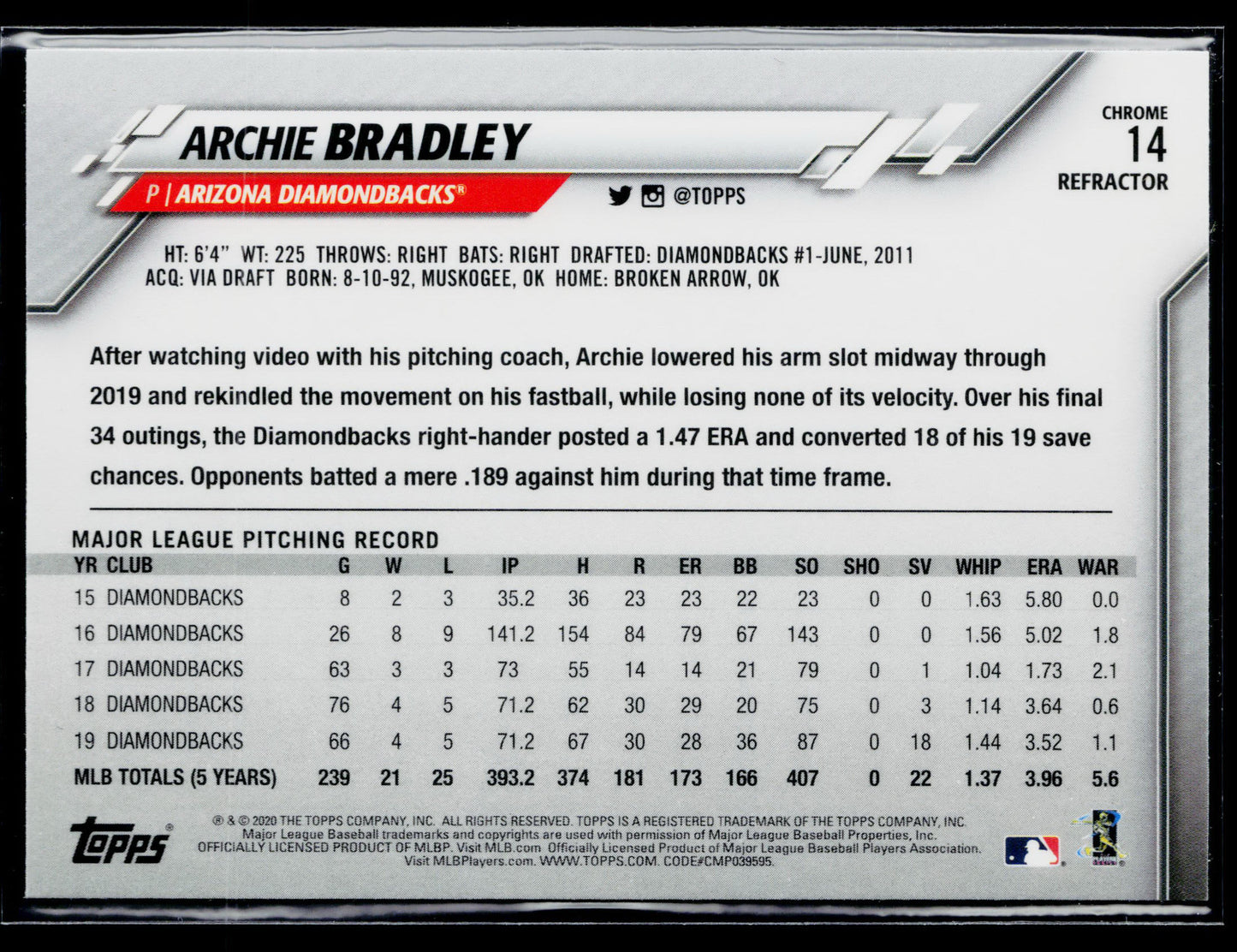 2020 Topps Chrome Archie Bradley Pink Refractor #14