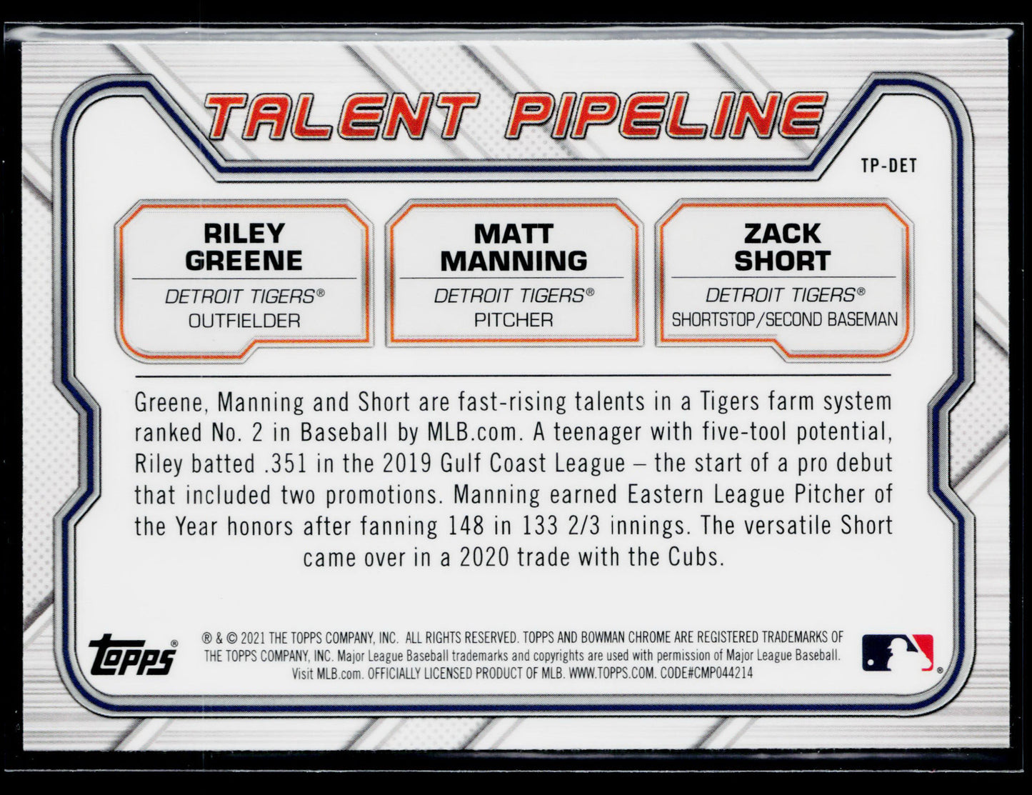 2021 Bowman Zack Short / Riley Greene / Matt Manning Talent Pipeline #TP-DET