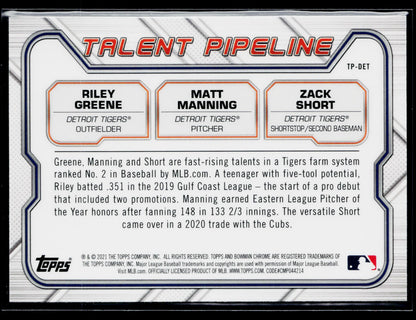 2021 Bowman Zack Short / Riley Greene / Matt Manning Talent Pipeline #TP-DET