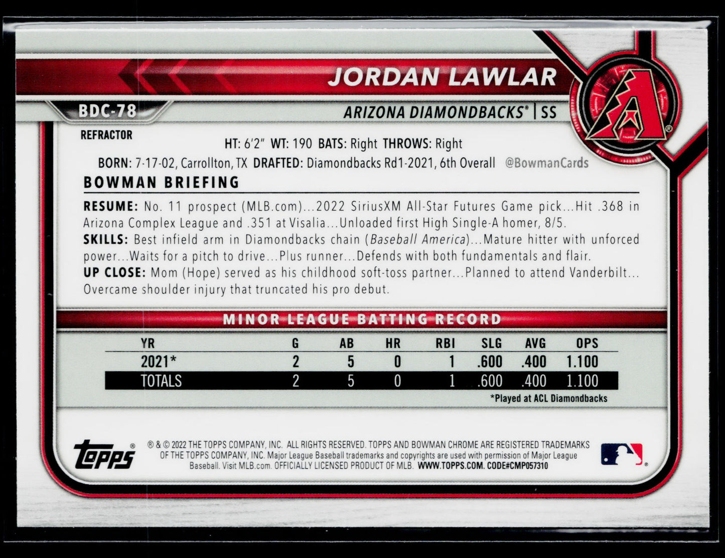 2022 Bowman Draft Jordan Lawlar Chrome Refractor #BDC-78