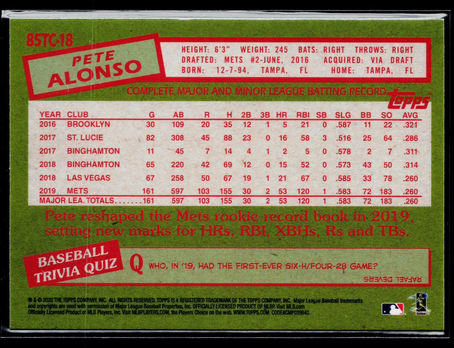 2020 Topps Chrome Pete Alonso 1985 Topps Baseball #85TC-18