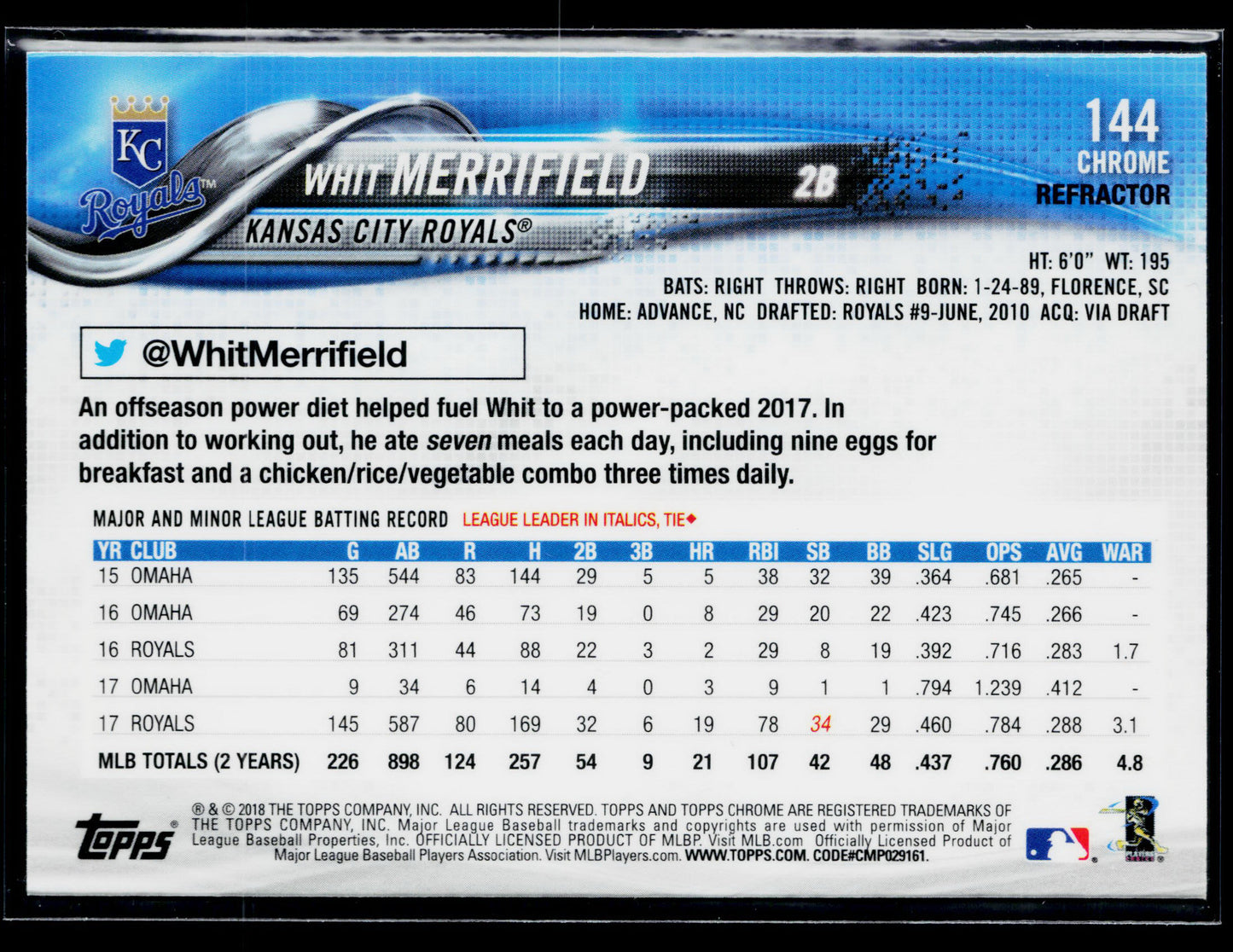 2018 Topps Chrome Whit Merrifield Refractor #144