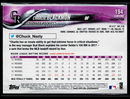 2018 Topps Chrome Charlie Blackmon Sepia Refractor #194