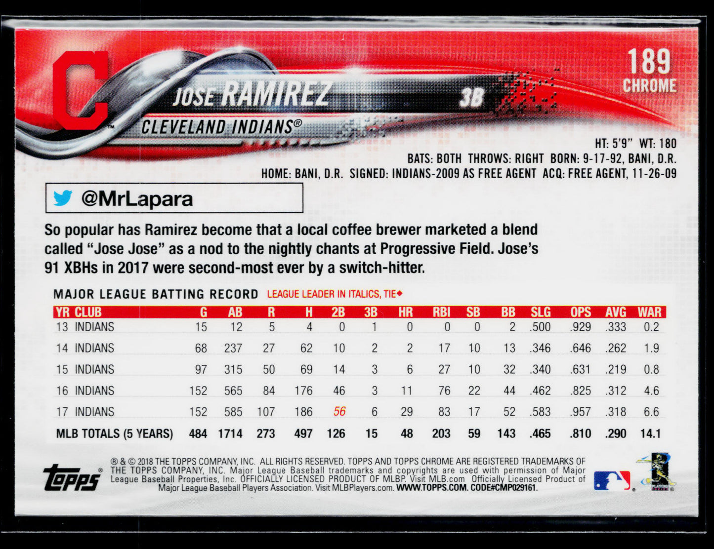 2018 Topps Chrome Jose Ramirez Prism Refractor #189