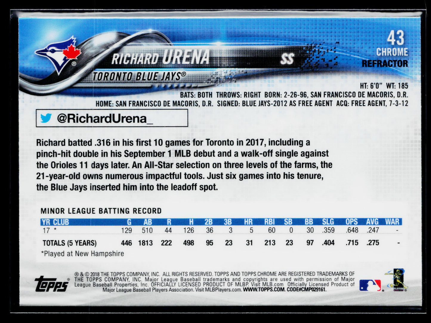 2018 Topps Chrome Richard Urena Rookie Sepia Refractor #43