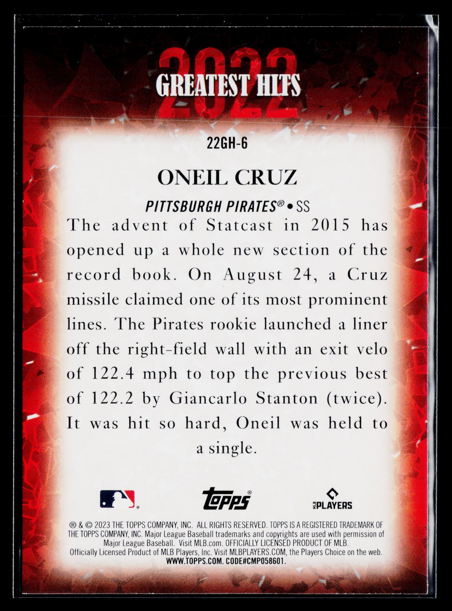 2023 Topps Oneil Cruz 2022 Greatest Hits #22GH-6