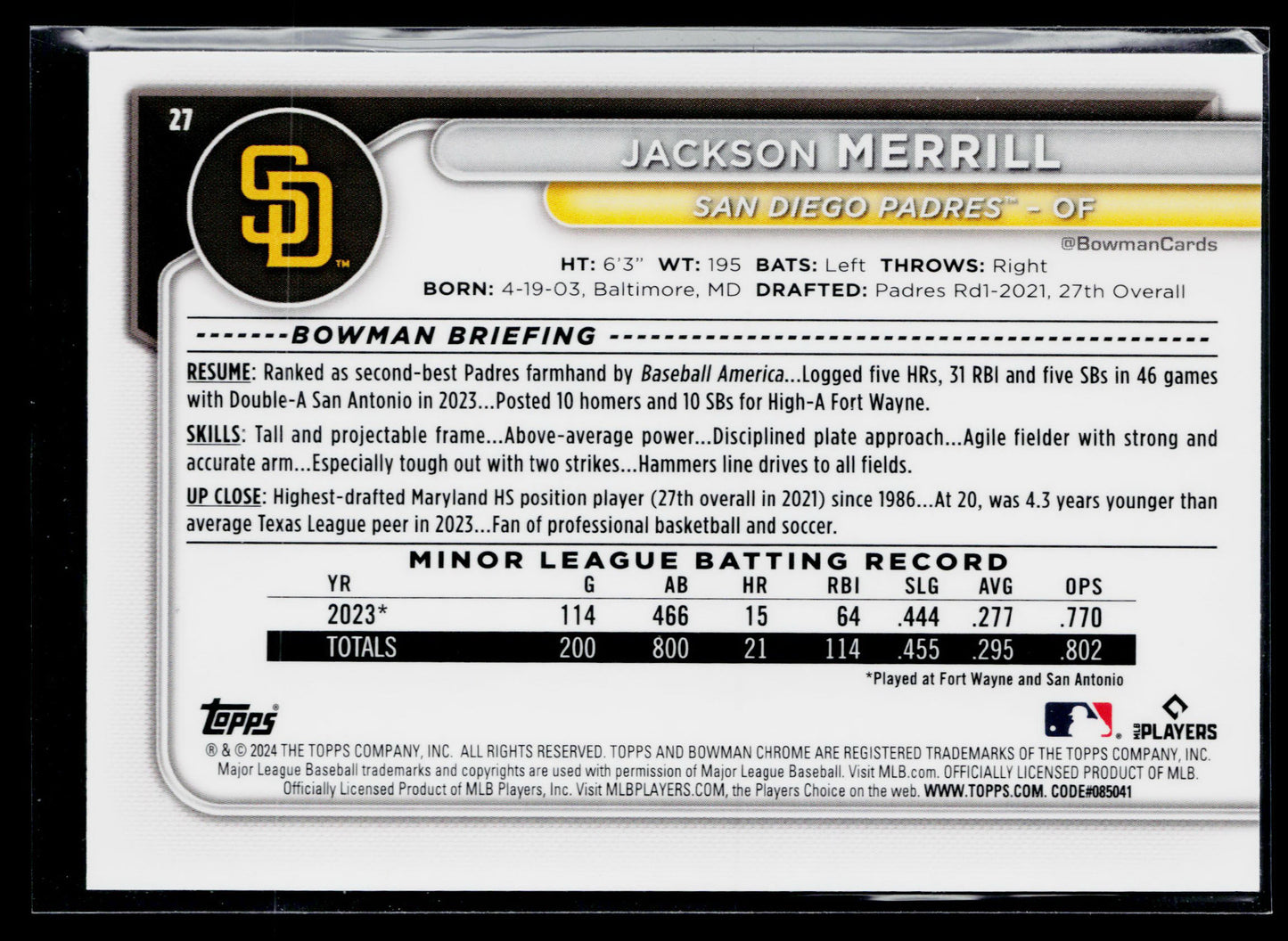 2024 Bowman Chrome Jackson Merrill Rookie #27