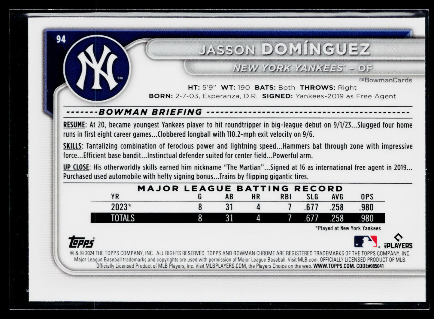 2024 Bowman Chrome Jasson Domínguez Rookie #94