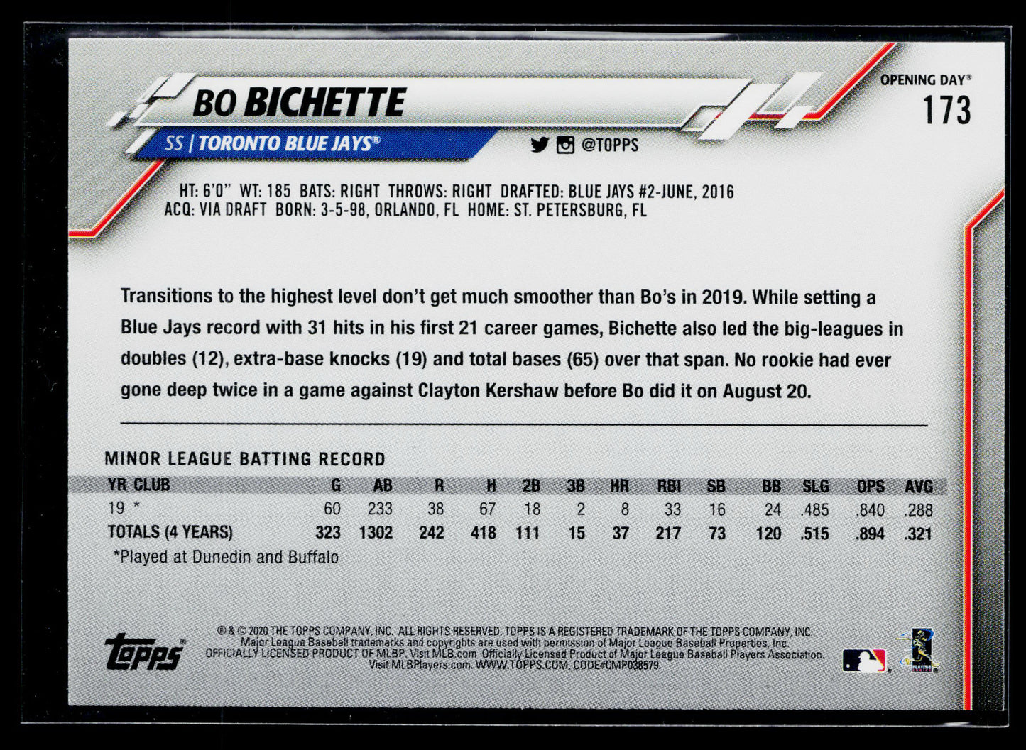 2020 Topps Opening Day Bo Bichette Rookie #173a