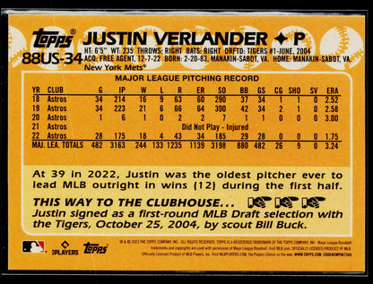 2023 Topps Update Justin Verlander 1988 Topps Baseball 35th Anniversary #88US-34