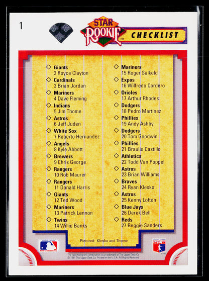 1992 Upper Deck Star Rookie Checklist (Ryan Klesko / Jim Thome) #1