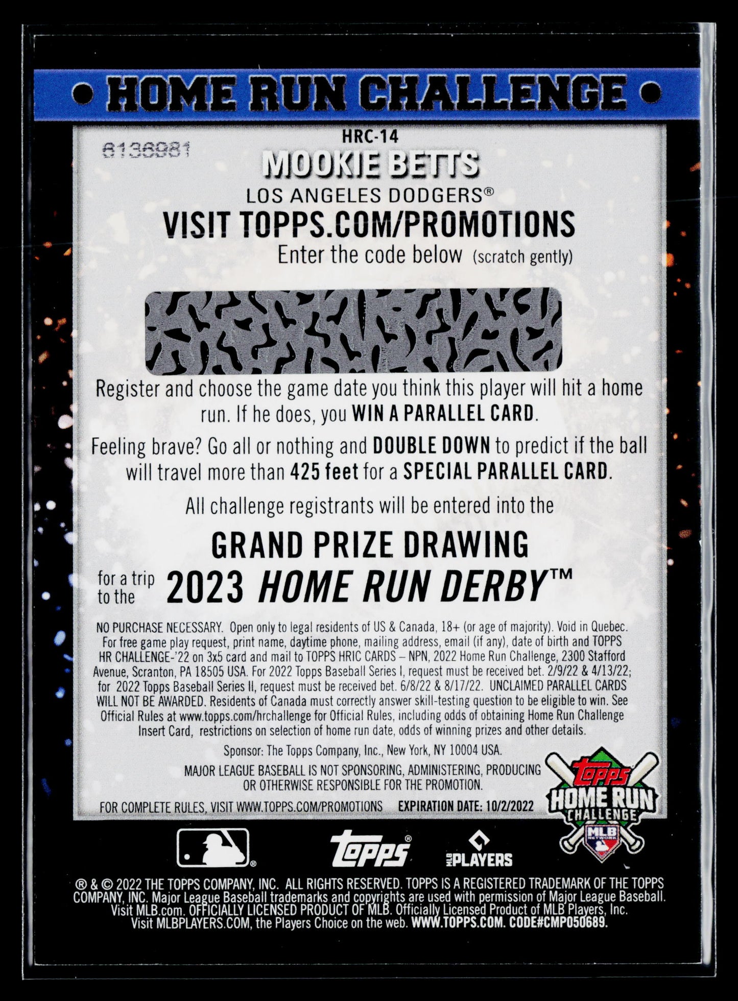 2022 Topps Mookie Betts Home Run Challenge Code Cards (Series One) #HRC-14