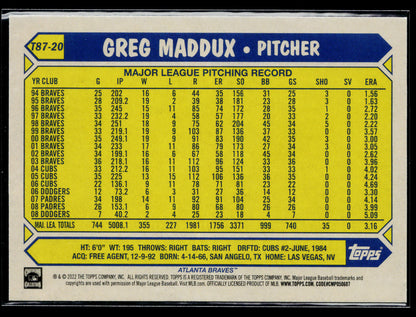 2022 Topps Greg Maddux 1987 Topps Baseball 35th Anniversary (Series One) #T87-20
