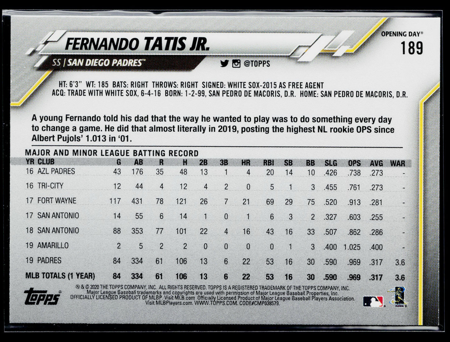 2020 Topps Opening Day Fernando Tatis Jr. #189