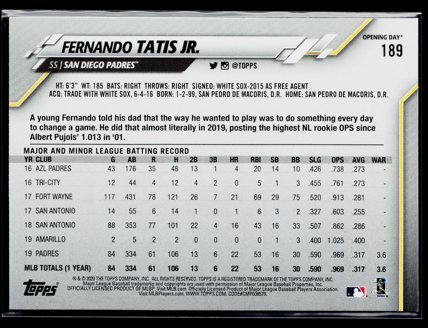 2020 Topps Opening Day Fernando Tatis Jr. #189