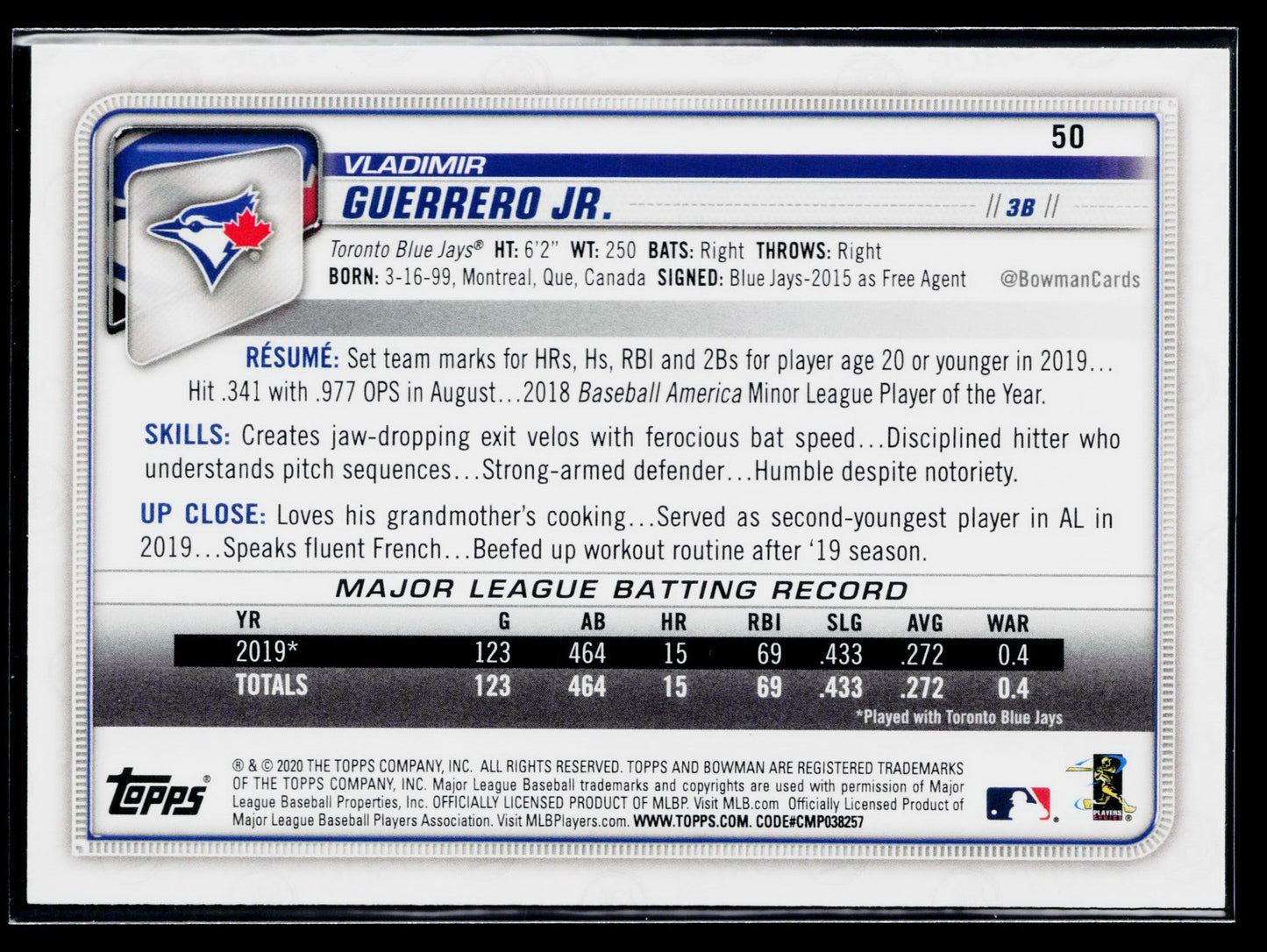 2020 Bowman Vladimir Guerrero Jr. #50