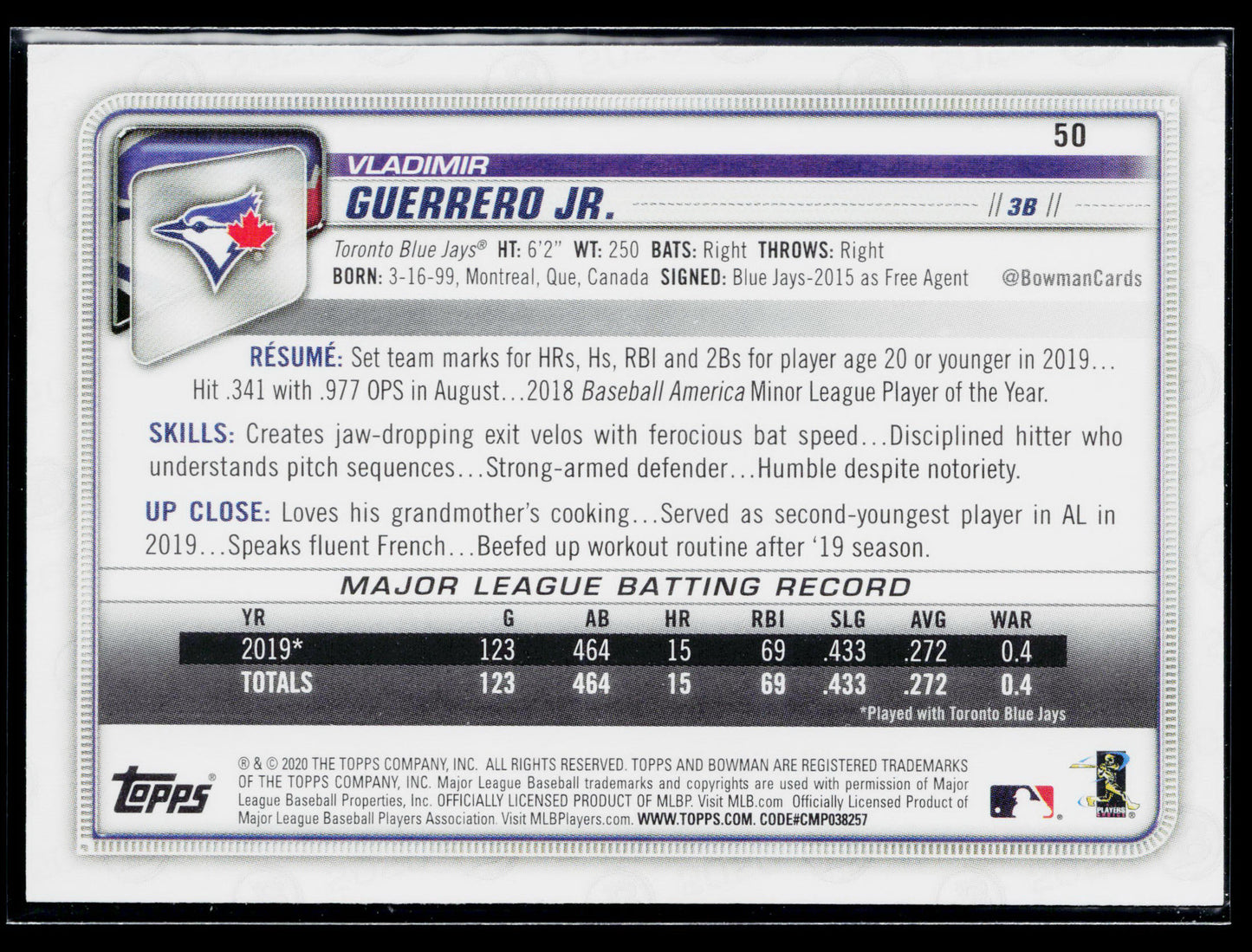 2020 Bowman Vladimir Guerrero Jr. #50