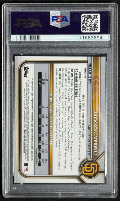 2022 Bowman Chrome Jackson Merrill Prospect Auto Refractor #/499 PSA 10 #CPA-JME