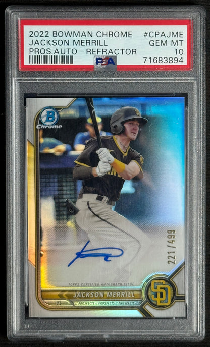 2022 Bowman Chrome Jackson Merrill Prospect Auto Refractor #/499 PSA 10 #CPA-JME