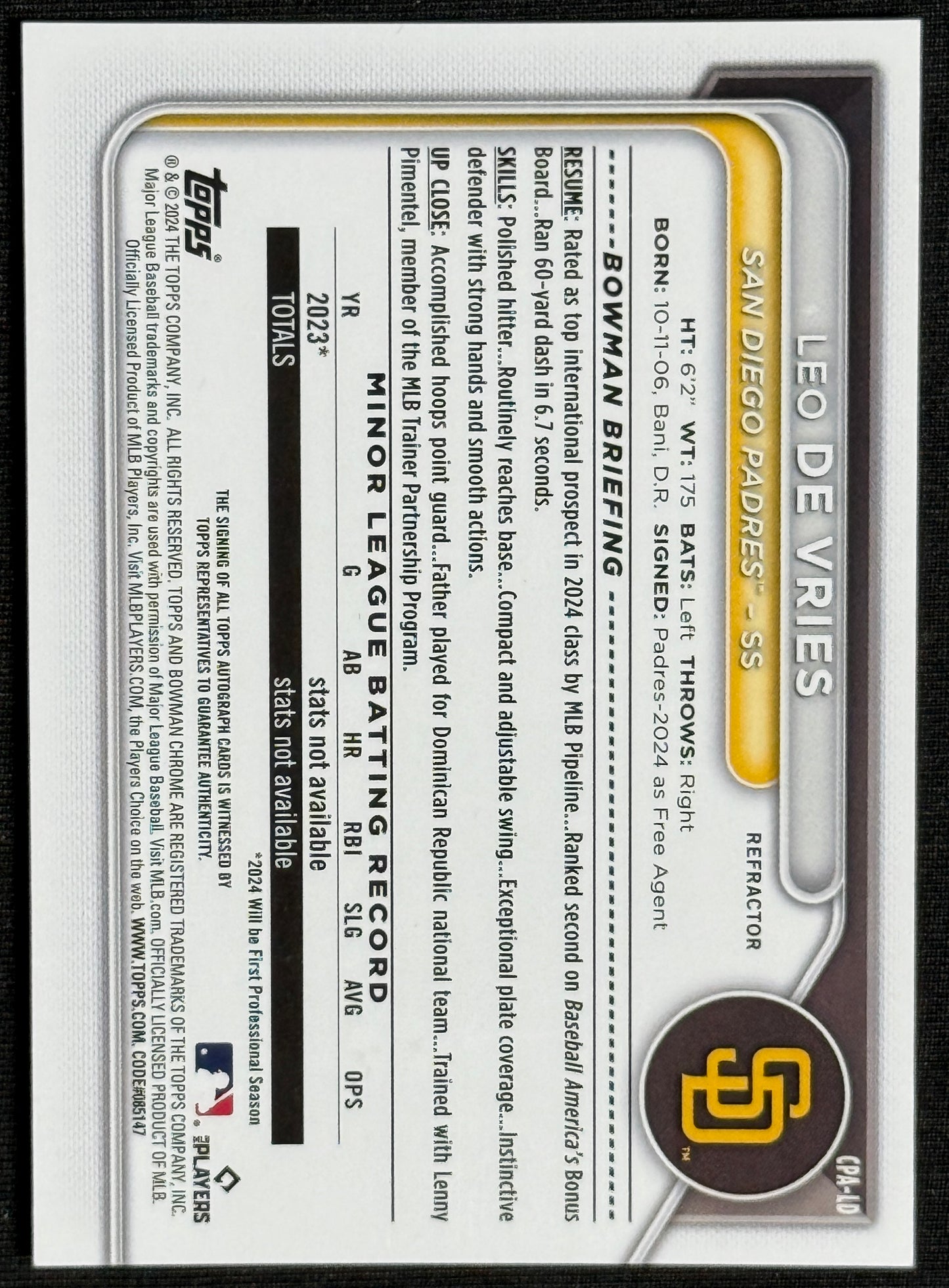 2024 Bowman Chrome Leo De Vries Prospect 1st Auto Refractors #/499 #CPA-LD