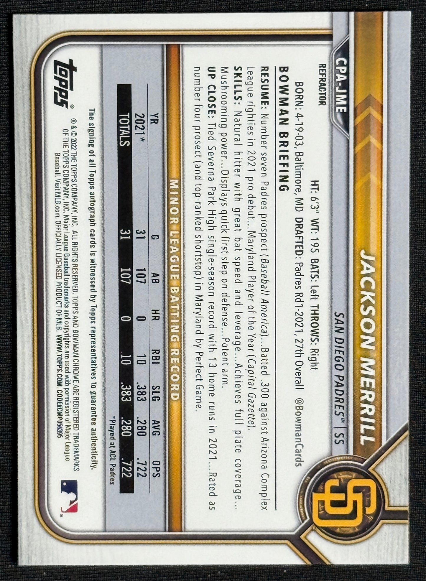 2022 1st Bowman Chrome Jackson Merrill Prospect Refractor Auto #/499 #CPA-JME