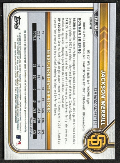 2022 1st Bowman Chrome Jackson Merrill Prospect Refractor Auto #/499 #CPA-JME