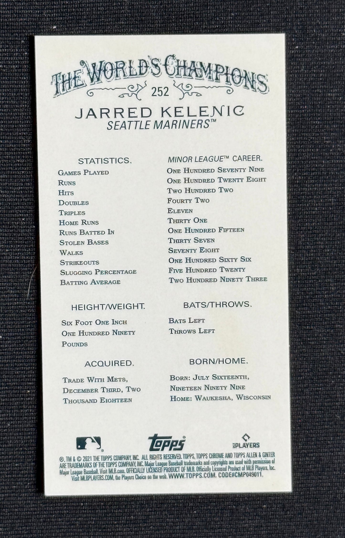2021 Topps Allen & Ginter Chrome Jarred Kelenic Rookie Mini #252