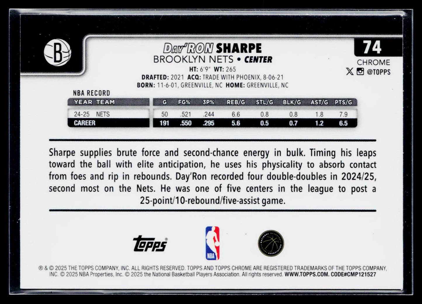 2025-26 Topps Chrome Day'Ron Sharpe Refractor #74