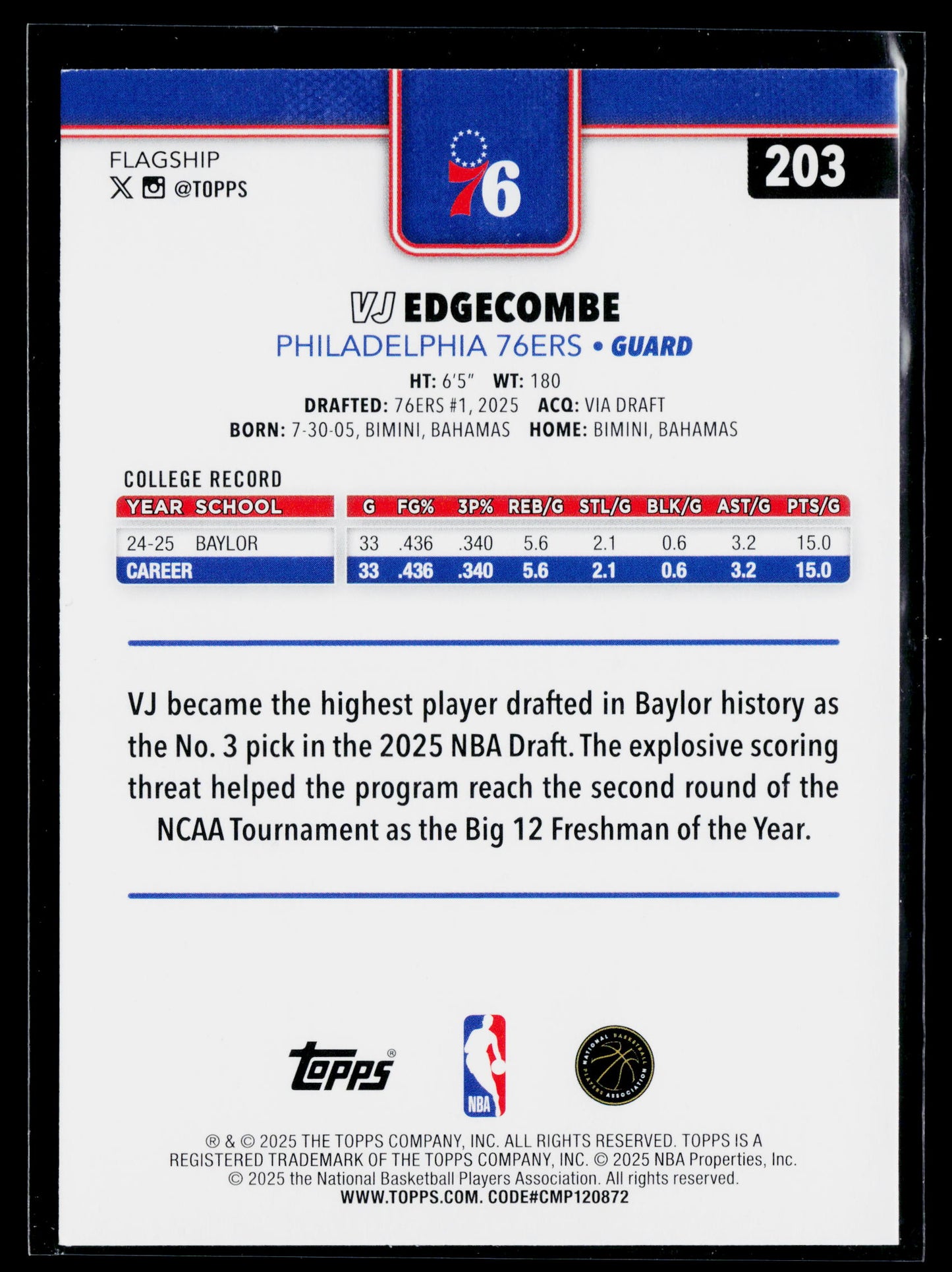 2025-26 Topps VJ Edgecombe Rookie #203