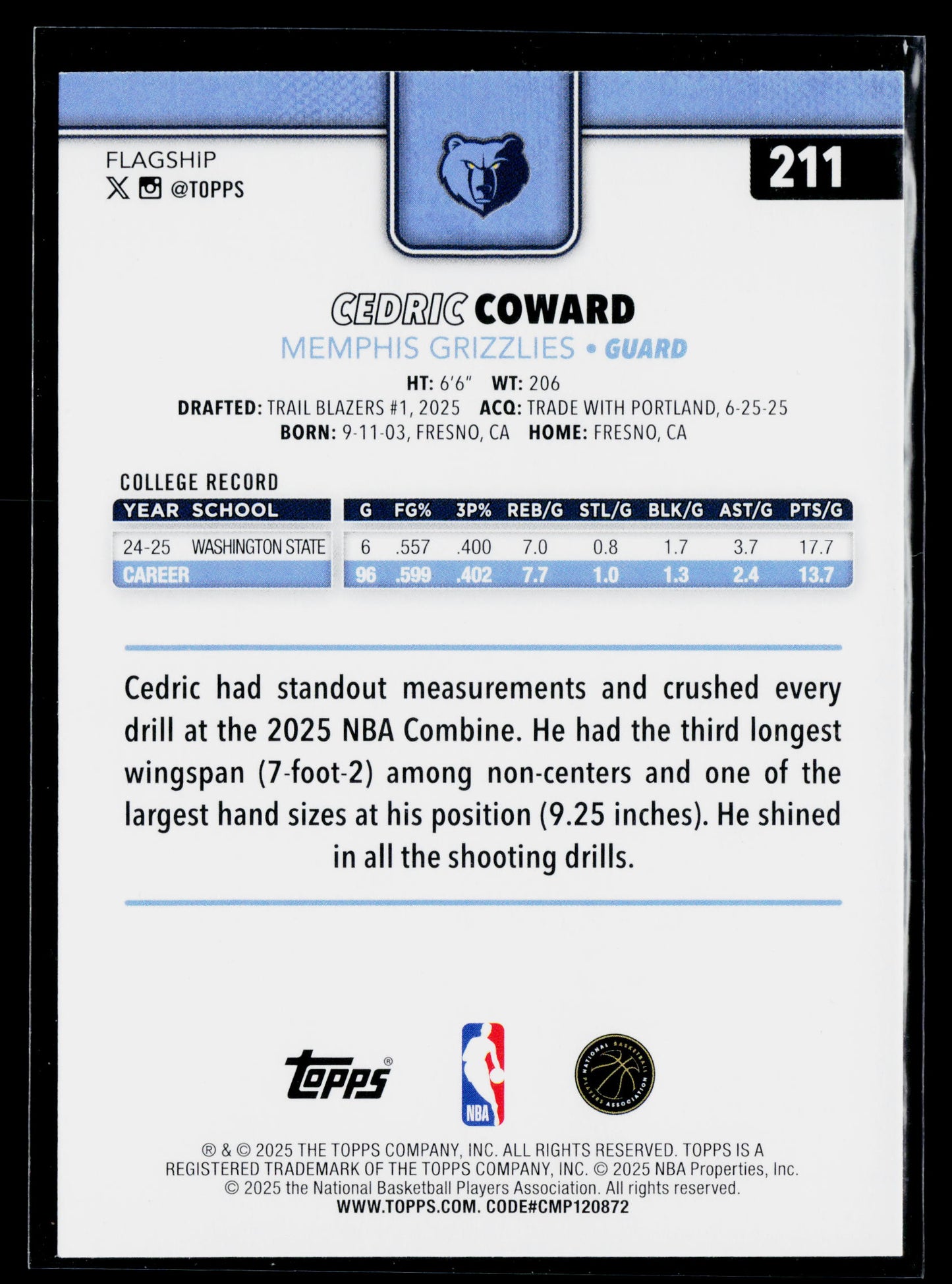 2025-26 Topps Cedric Coward Rookie #211
