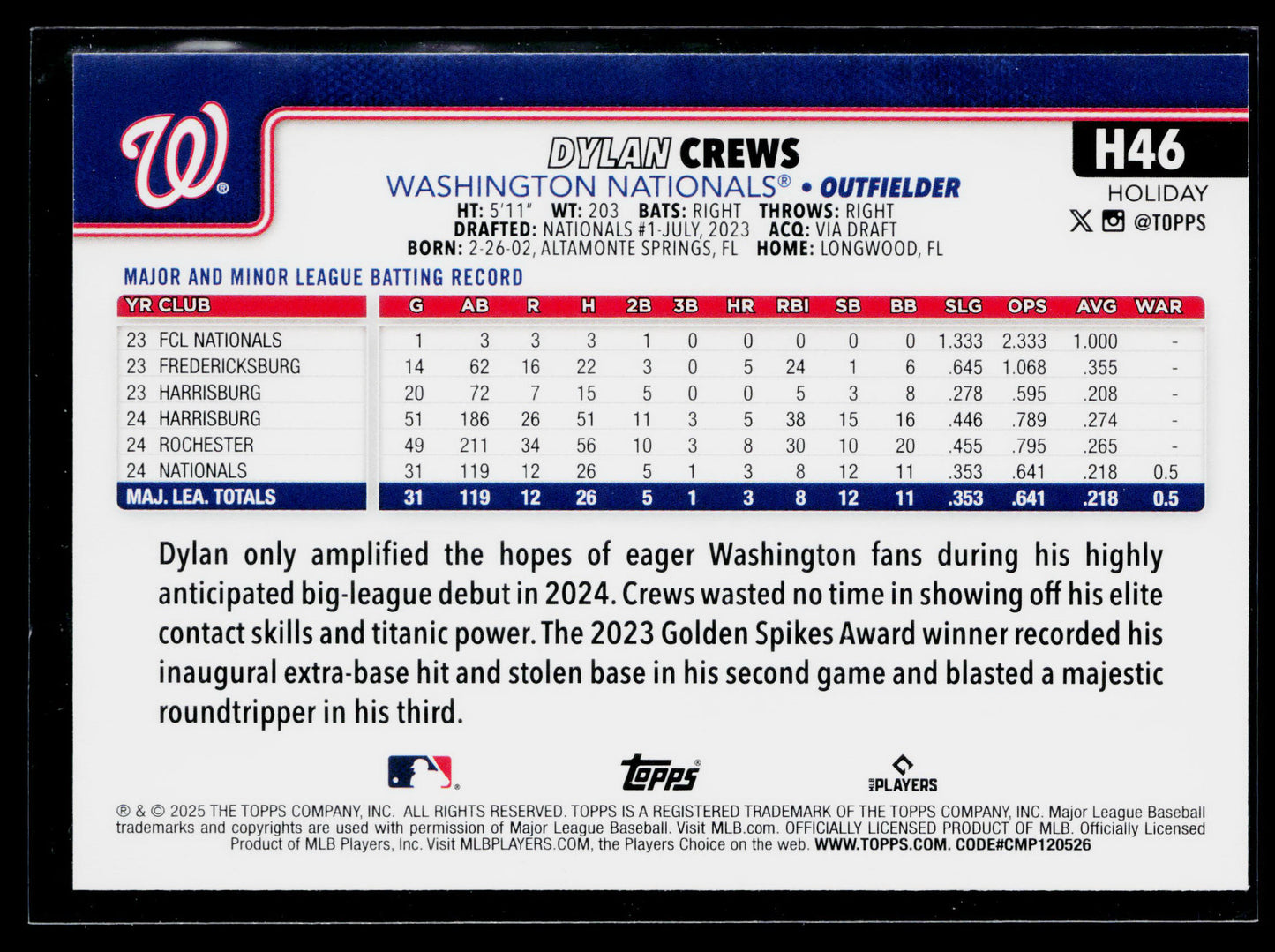 2025 Topps Holiday Dylan Crews Rookie #H46