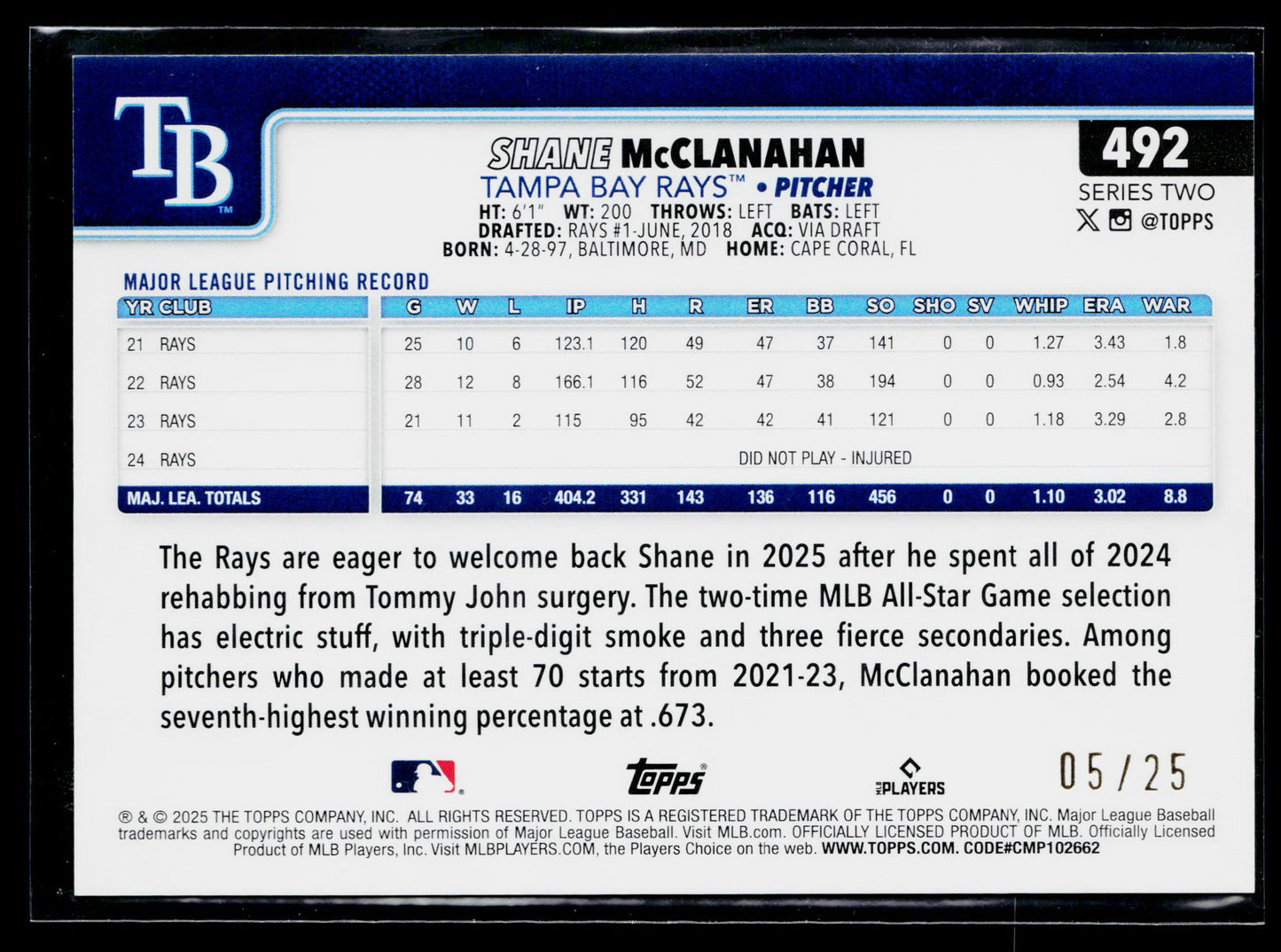 2025 Topps Shane McClanahan Orange Diamante #/25 #492