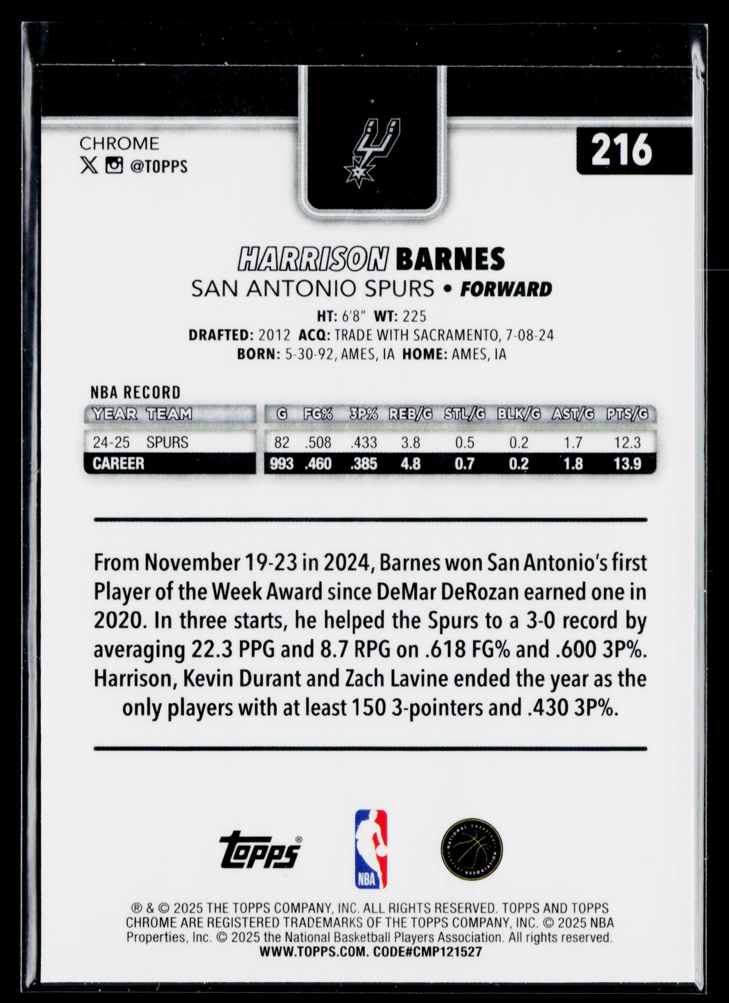 2025-26 Topps Chrome Harrison Barnes X-Fractor #216