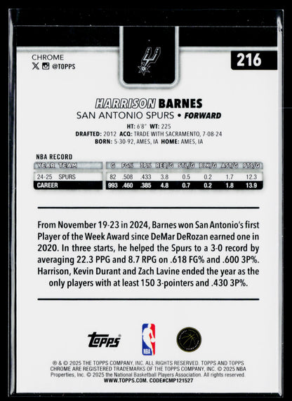 2025-26 Topps Chrome Harrison Barnes X-Fractor #216