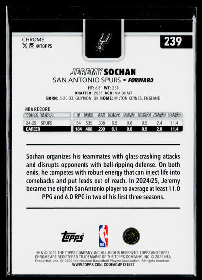 2025-26 Topps Chrome Jeremy Sochan Wave Refractor #239