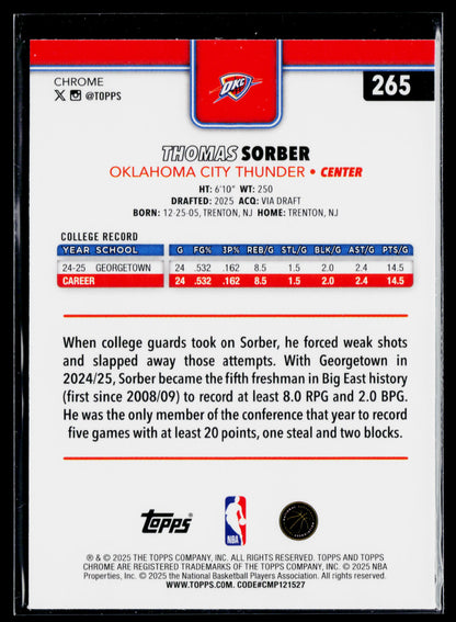 2025-26 Topps Chrome Thomas Sorber Rookie Basketball Refractor #265