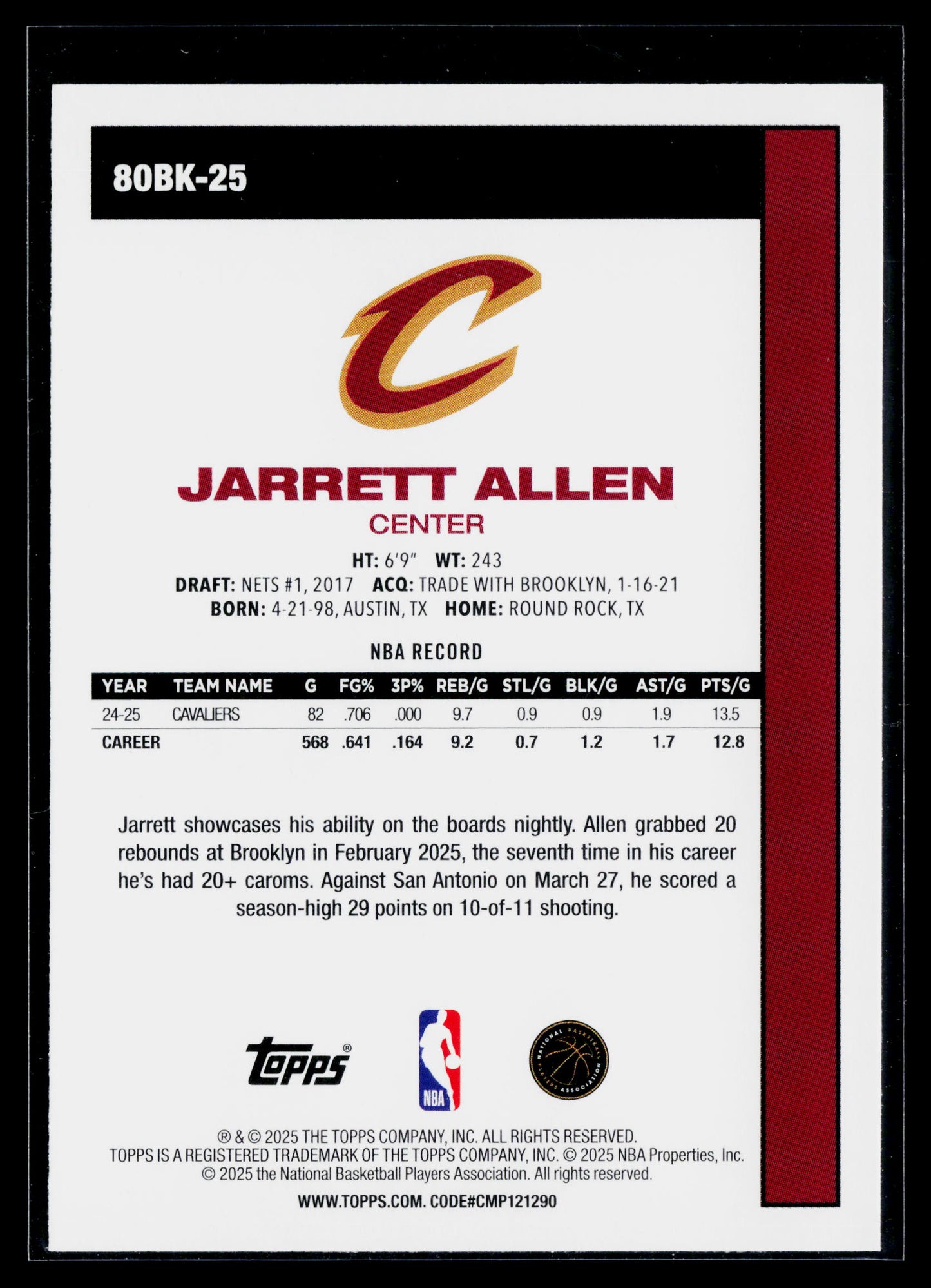 2025-26 Topps Jarrett Allen 1980-81 Topps Basketball #80BK-25