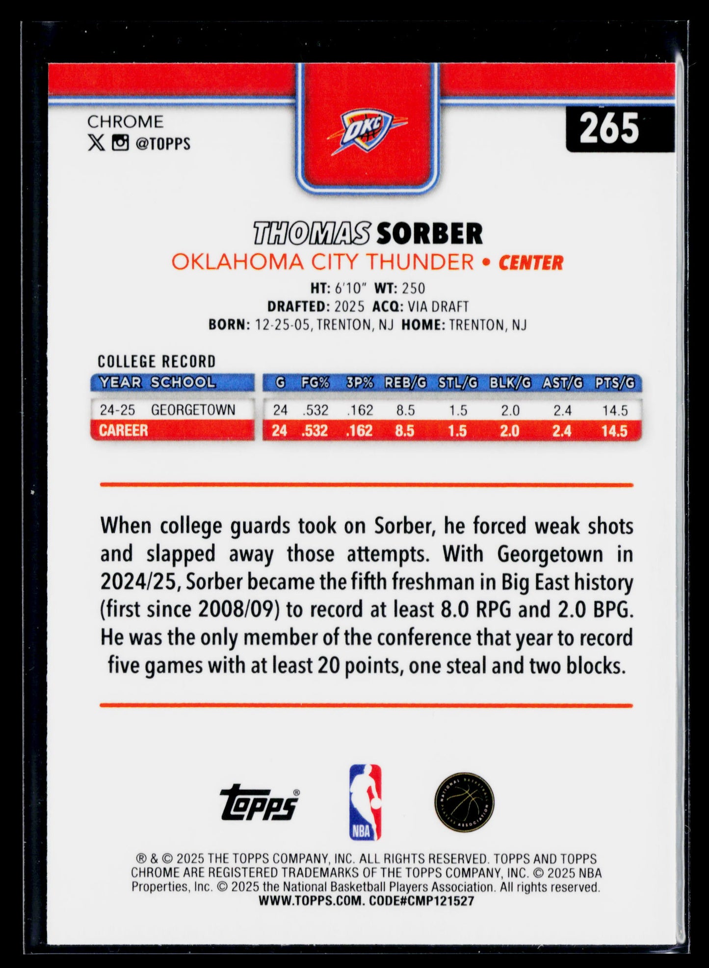 2025-26 Topps Chrome Thomas Sorber Rookie #265