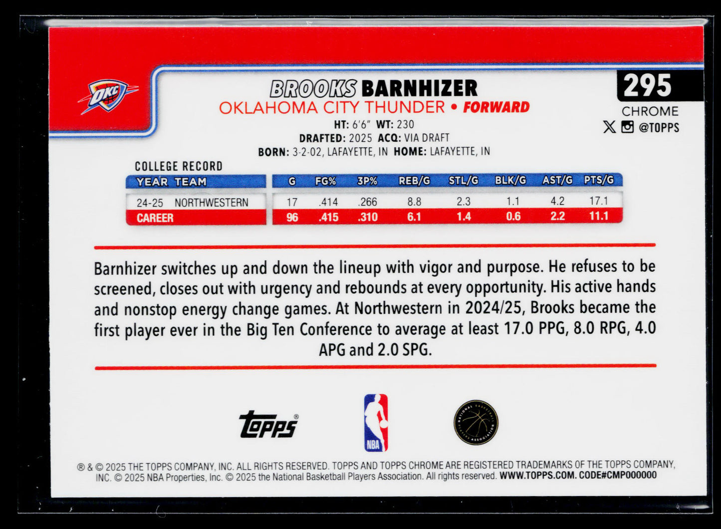 2025-26 Topps Chrome Brooks Barnhizer Rookie Pulsar Refractor #295