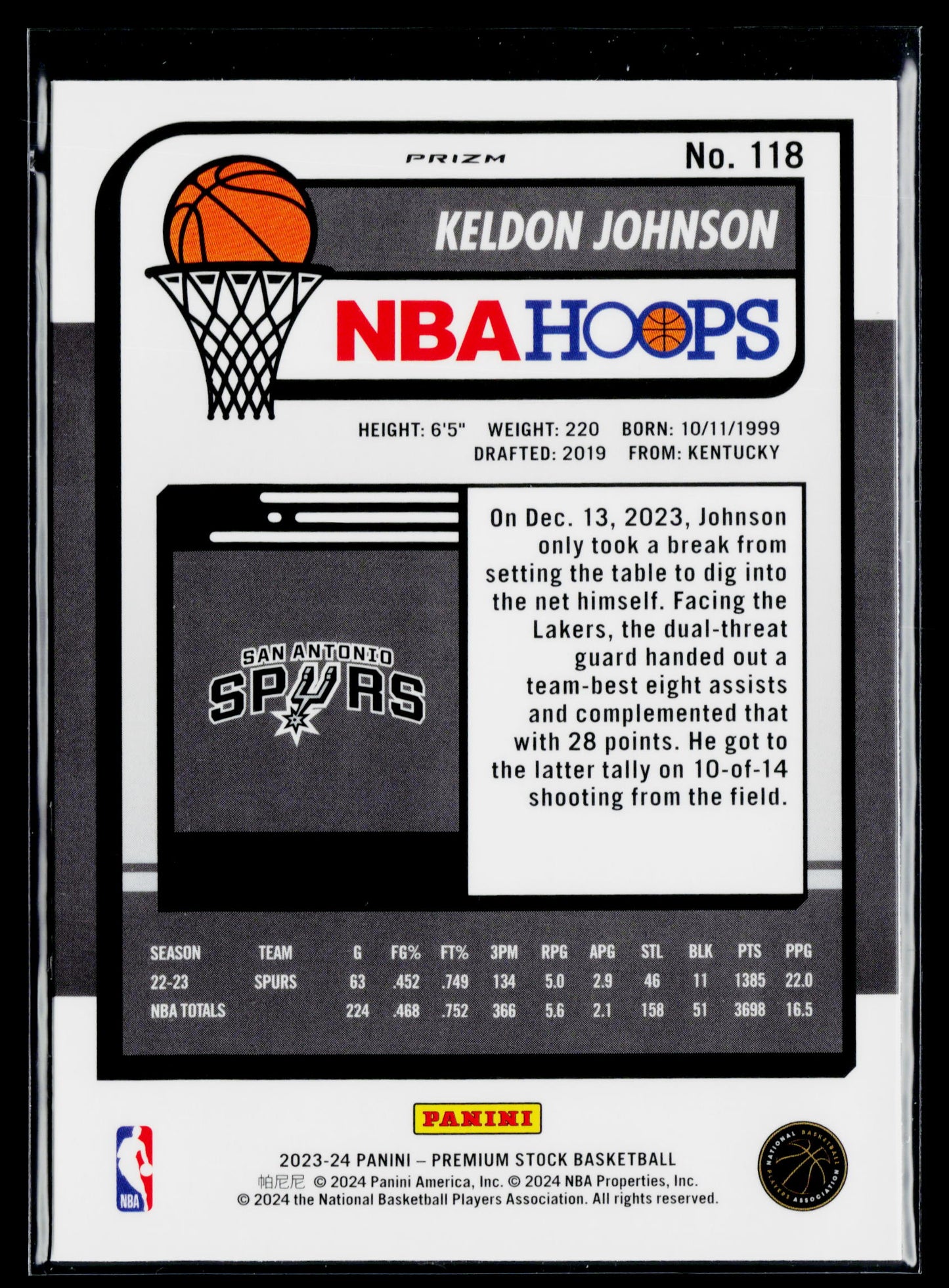 2023-24 Hoops Premium Stock Keldon Johnson Ice Prizm #118