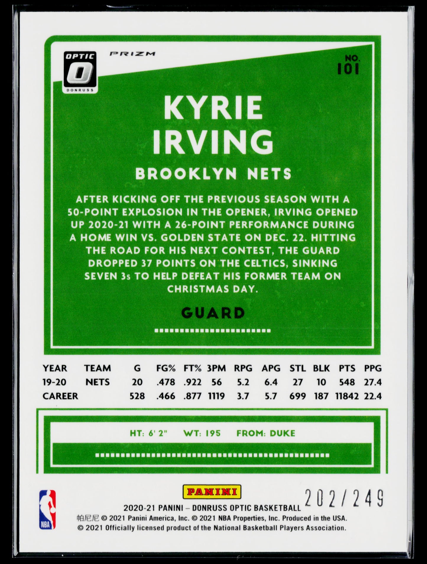 2020-21 Donruss Optic Kyrie Irving Premium Box Set #/249 #101